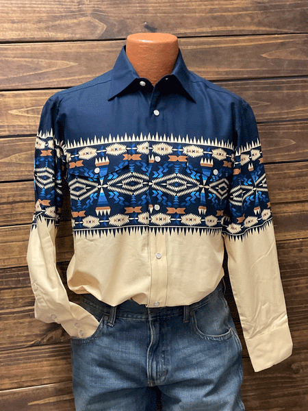 Panhandle PHMSOSR14I Mens Long Sleeve Aztec Border Shirt Navy front view on mannequin