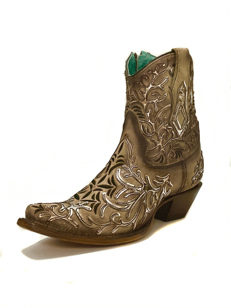 Corral C4007 Ladies Mirror-Like Overlay And Embroidery Ankle Boot Tan front and side view. If you need any assistance with this item or the purchase of this item please call us at five six one seven four eight eight eight zero one Monday through Saturday 10:00a.m EST to 8:00 p.m EST