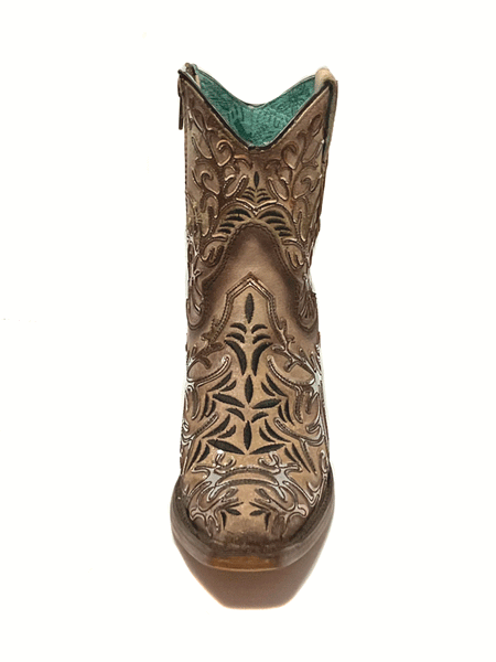 Corral C4007 Ladies Mirror-Like Overlay And Embroidery Ankle Boot Tan front view. If you need any assistance with this item or the purchase of this item please call us at five six one seven four eight eight eight zero one Monday through Saturday 10:00a.m EST to 8:00 p.m EST