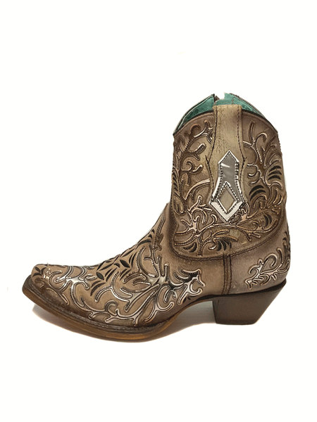 Corral C4007 Ladies Mirror-Like Overlay And Embroidery Ankle Boot Tan outter side view. If you need any assistance with this item or the purchase of this item please call us at five six one seven four eight eight eight zero one Monday through Saturday 10:00a.m EST to 8:00 p.m EST