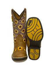 Twister 4448008 Kids Sunnie Style Western Boot Tan front and sole view. If you need any assistance with this item or the purchase of this item please call us at five six one seven four eight eight eight zero one Monday through Saturday 10:00a.m EST to 8:00 p.m EST