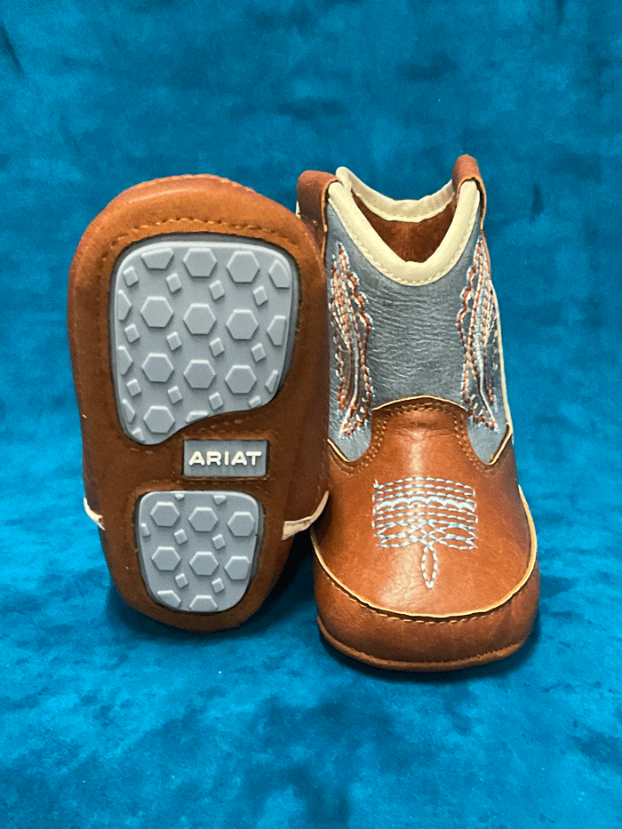 Ariat A442002308 Infants LIL STOMPERS Boot Brown pair front and side view. If you need any assistance with this item or the purchase of this item please call us at five six one seven four eight eight eight zero one Monday through Saturday 10:00a.m EST to 8:00 p.m EST