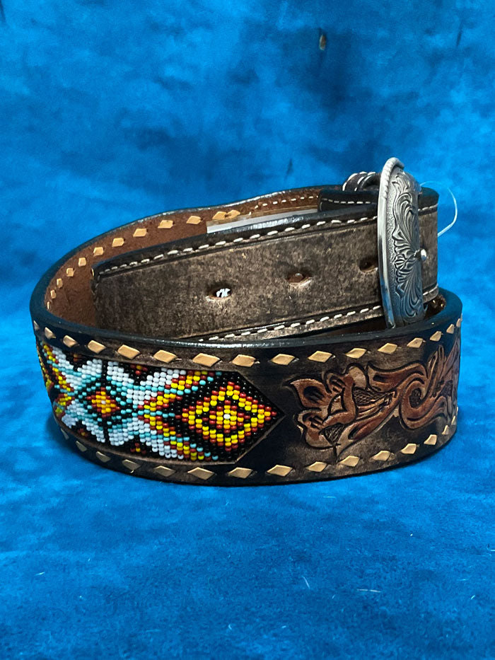 3D D100013402 Mens Buck Lacing Beaded Inlay Belt Brown front view. If you need any assistance with this item or the purchase of this item please call us at five six one seven four eight eight eight zero one Monday through Saturday 10:00a.m EST to 8:00 p.m EST