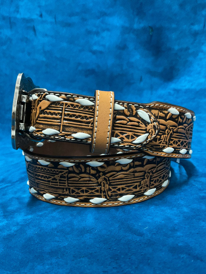 3D D120002908 Kids Floral Embossed White Lacing Belt Tan front view. If you need any assistance with this item or the purchase of this item please call us at five six one seven four eight eight eight zero one Monday through Saturday 10:00a.m EST to 8:00 p.m EST