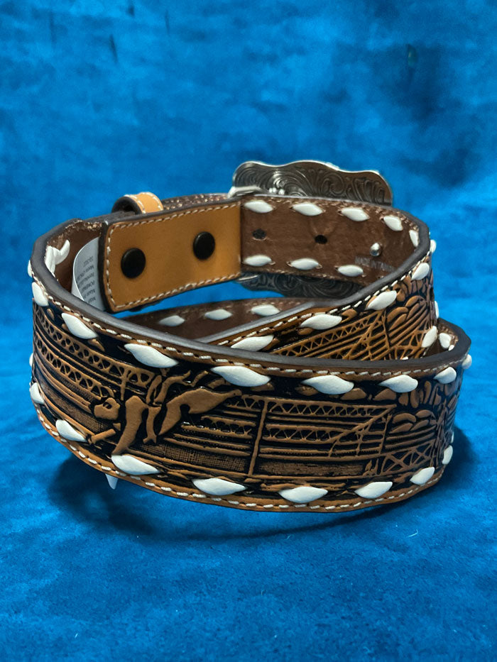 3D D120002908 Kids Floral Embossed White Lacing Belt Tan front view. If you need any assistance with this item or the purchase of this item please call us at five six one seven four eight eight eight zero one Monday through Saturday 10:00a.m EST to 8:00 p.m EST