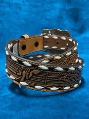 3D D120002908 Kids Floral Embossed White Lacing Belt Tan back view. If you need any assistance with this item or the purchase of this item please call us at five six one seven four eight eight eight zero one Monday through Saturday 10:00a.m EST to 8:00 p.m EST