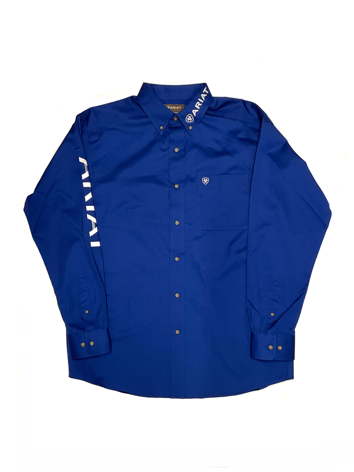 Ariat 10017498 Mens Team Logo Twill Classic Fit Shirt Ultramarine Blue front vie on model. If you need any assistance with this item or the purchase of this item please call us at five six one seven four eight eight eight zero one Monday through Saturday 10:00a.m EST to 8:00 p.m EST