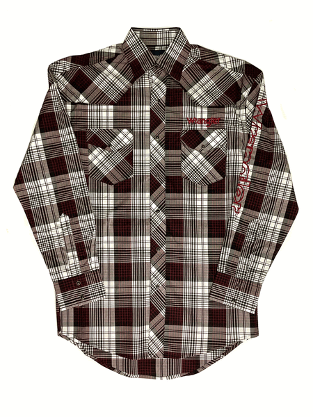 Wrangler 112318502 Mens Logo Long Sleeve Plaid Shirt Burgundy front view. If you need any assistance with this item or the purchase of this item please call us at five six one seven four eight eight eight zero one Monday through Saturday 10:00a.m EST to 8:00 p.m EST