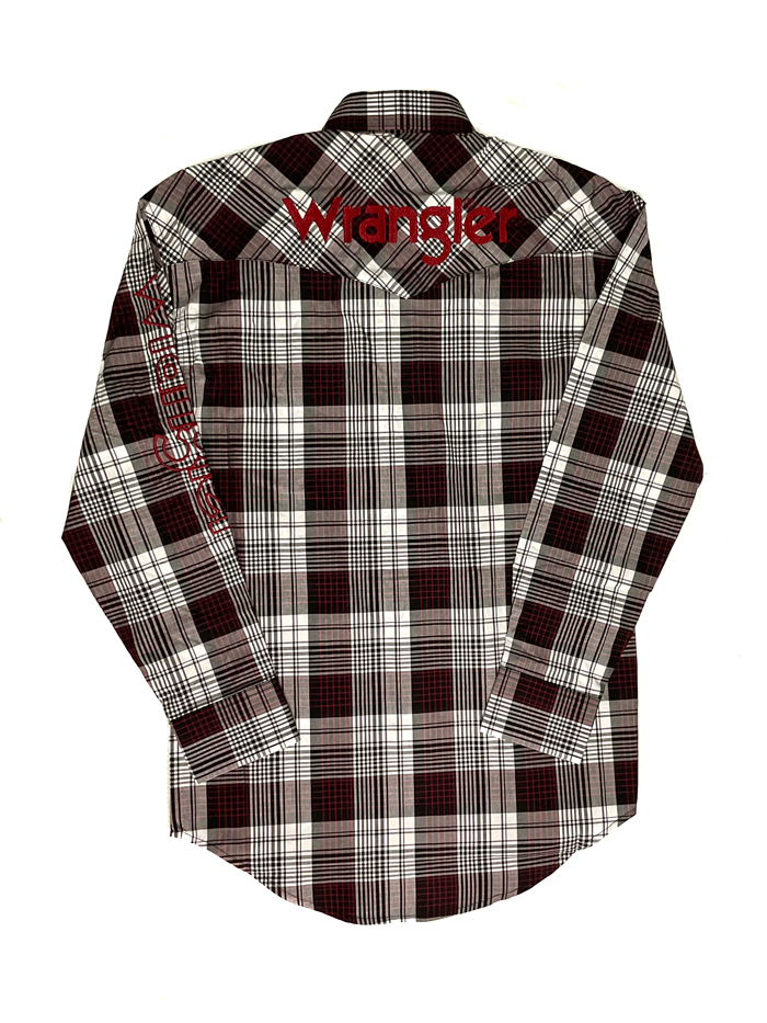 Wrangler 112318502 Mens Logo Long Sleeve Plaid Shirt Burgundy front view. If you need any assistance with this item or the purchase of this item please call us at five six one seven four eight eight eight zero one Monday through Saturday 10:00a.m EST to 8:00 p.m EST