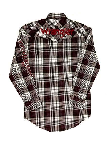 Wrangler 112318502 Mens Logo Long Sleeve Plaid Shirt Burgundy back view. If you need any assistance with this item or the purchase of this item please call us at five six one seven four eight eight eight zero one Monday through Saturday 10:00a.m EST to 8:00 p.m EST