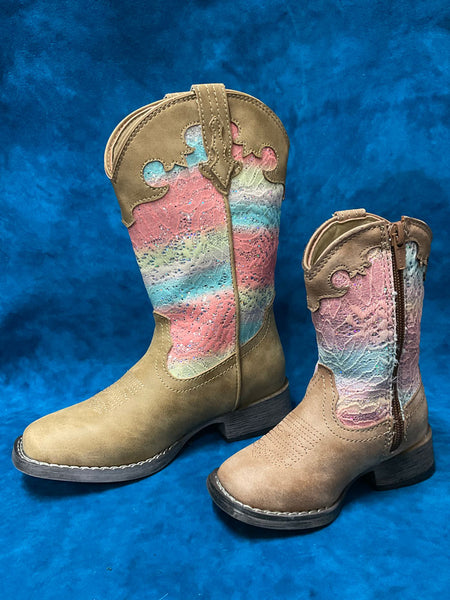 Roper 2801 Kids And Toddlers Glitter Lace Boot Tan side videw. If you need any assistance with this item or the purchase of this item please call us at five six one seven four eight eight eight zero one Monday through Saturday 10:00a.m EST to 8:00 p.m EST