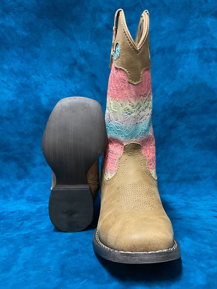 Roper 2801 Kids And Toddlers Glitter Lace Boot Tan side videw. If you need any assistance with this item or the purchase of this item please call us at five six one seven four eight eight eight zero one Monday through Saturday 10:00a.m EST to 8:00 p.m EST