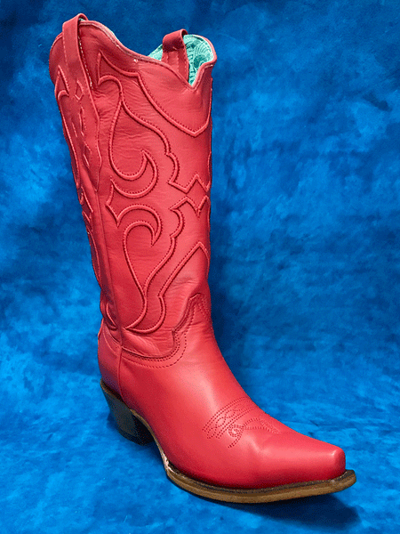 Corral Z5073 Ladies Matching Stitch Pattern Snip Toe Western Boot Red front and side view. If you need any assistance with this item or the purchase of this item please call us at five six one seven four eight eight eight zero one Monday through Saturday 10:00a.m EST to 8:00 p.m EST