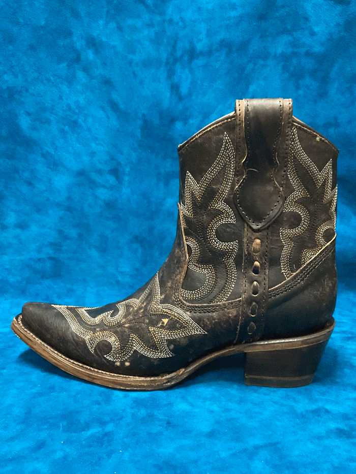 Circle G L5917 Ladies Embroidery And Zipper Ankle Boot Black And Brown front and side view. If you need any assistance with this item or the purchase of this item please call us at five six one seven four eight eight eight zero one Monday through Saturday 10:00a.m EST to 8:00 p.m EST