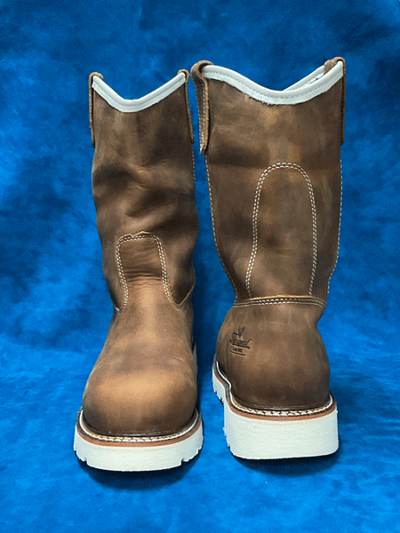 Thorogood 804-3320 Mens Pull On Waterproof Safety Toe Wellington Boot Crazyhorse Brown front and back view. If you need any assistance with this item or the purchase of this item please call us at five six one seven four eight eight eight zero one Monday through Saturday 10:00a.m EST to 8:00 p.m EST