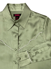 Rock & Roll Denim BWB2S02105 Womens Long Sleeve Satin Piping Shirt Jade front close up of collar, cuff and piping. If you need any assistance with this item or the purchase of this item please call us at five six one seven four eight eight eight zero one Monday through Saturday 10:00a.m EST to 8:00 p.m EST