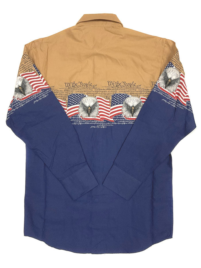 Panhandle PHMSOSR14H Mens Patriotic Flag Border Long Sleeve Snap Shirt Navy front view on model. If you need any assistance with this item or the purchase of this item please call us at five six one seven four eight eight eight zero one Monday through Saturday 10:00a.m EST to 8:00 p.m EST