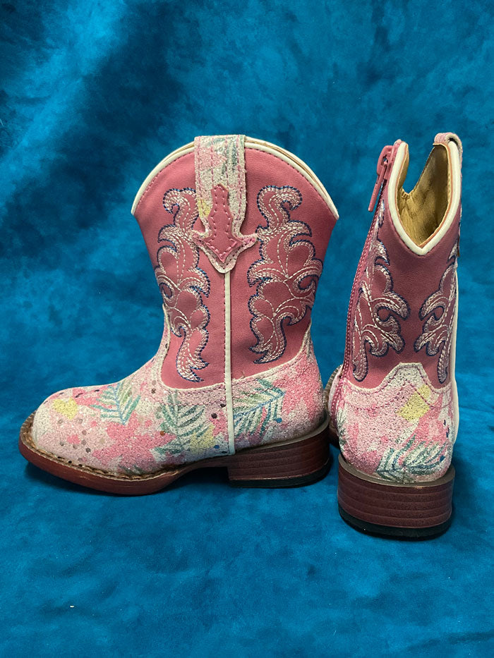 Roper 09-017-1901-2929 Toddlers Glitter Floral Boot Pink zipper side and front view. If you need any assistance with this item or the purchase of this item please call us at five six one seven four eight eight eight zero one Monday through Saturday 10:00a.m EST to 8:00 p.m EST