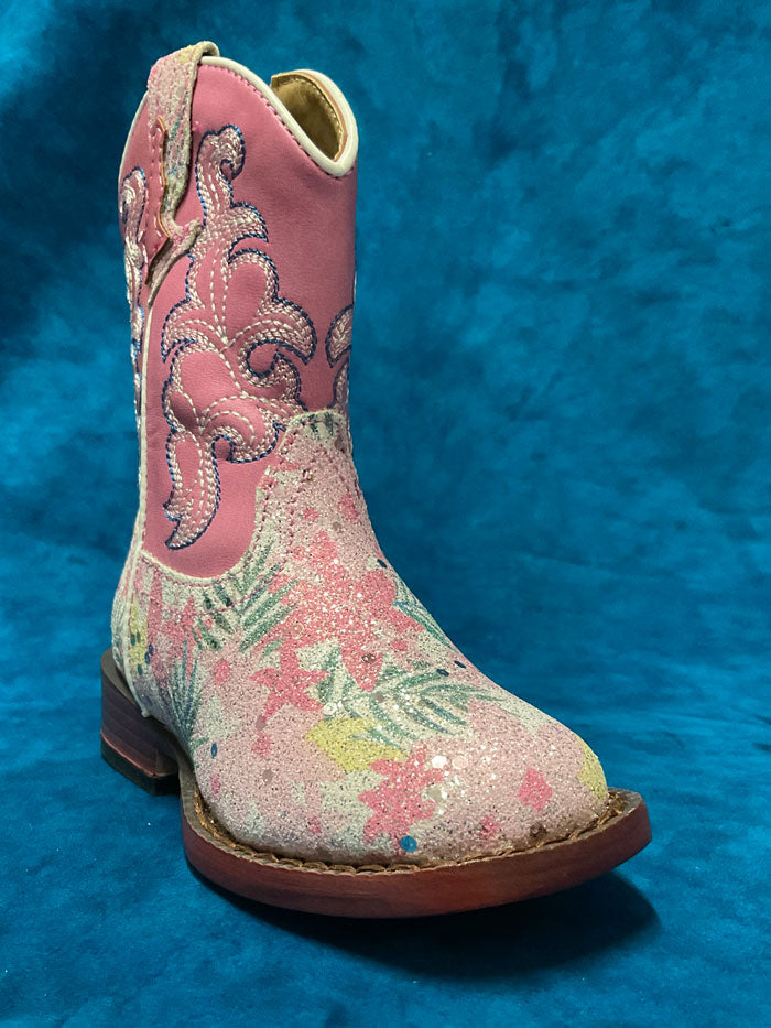 Roper 09-017-1901-2929 Toddlers Glitter Floral Boot Pink zipper side and front view. If you need any assistance with this item or the purchase of this item please call us at five six one seven four eight eight eight zero one Monday through Saturday 10:00a.m EST to 8:00 p.m EST