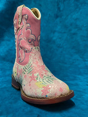Roper 09-017-1901-2929 Toddlers Glitter Floral Boot Pink side / front view. If you need any assistance with this item or the purchase of this item please call us at five six one seven four eight eight eight zero one Monday through Saturday 10:00a.m EST to 8:00 p.m EST