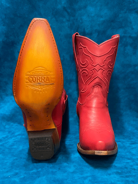 Corral Z5112 Ladies Embroidery Ankle Western Boot Red front and sole view. If you need any assistance with this item or the purchase of this item please call us at five six one seven four eight eight eight zero one Monday through Saturday 10:00a.m EST to 8:00 p.m EST