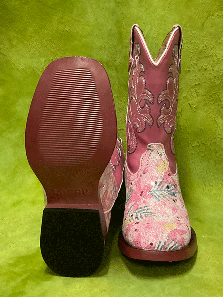 Roper 09-018-1901-2929 Kids Glitter Floral Boot Pink front and sole view. If you need any assistance with this item or the purchase of this item please call us at five six one seven four eight eight eight zero one Monday through Saturday 10:00a.m EST to 8:00 p.m EST