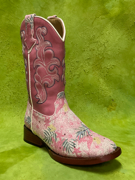 Roper 09-018-1901-2929 Kids Glitter Floral Boot Pink front and side view. If you need any assistance with this item or the purchase of this item please call us at five six one seven four eight eight eight zero one Monday through Saturday 10:00a.m EST to 8:00 p.m EST