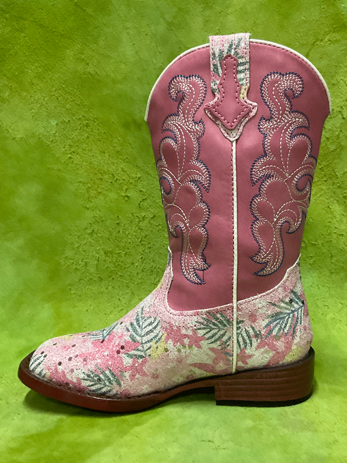 Roper 09-018-1901-2929 Kids Glitter Floral Boot Pink front and side view. If you need any assistance with this item or the purchase of this item please call us at five six one seven four eight eight eight zero one Monday through Saturday 10:00a.m EST to 8:00 p.m EST