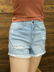 Sneak Peek SP-S7393ML Womens Frayed Hem High Rise Denim Shorts Light Blue front view on mannequin. If you need any assistance with this item or the purchase of this item please call us at five six one seven four eight eight eight zero one Monday through Saturday 10:00a.m EST to 8:00 p.m EST