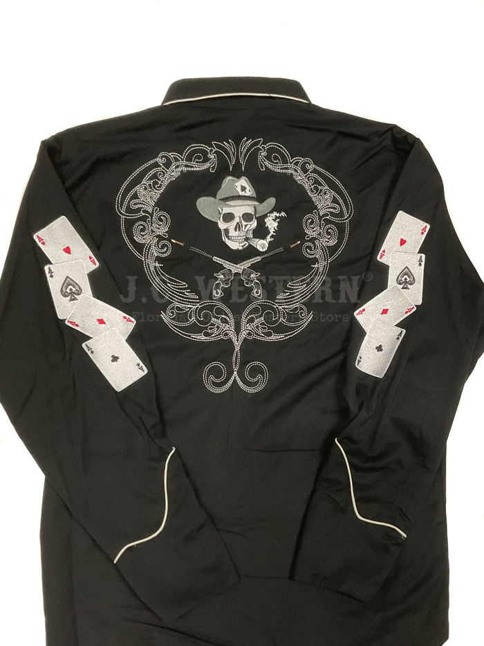 Scully P-864-BLK Mens Smoking Skull and Cards Long Sleeve Western Shirt Black front view. If you need any assistance with this item or the purchase of this item please call us at five six one seven four eight eight eight zero one Monday through Saturday 10:00a.m EST to 8:00 p.m EST