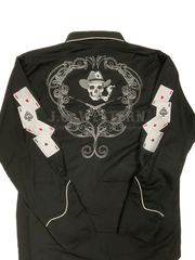 Scully P-864-BLK Mens Smoking Skull and Cards Long Sleeve Western Shirt Black back detail and cards smbroidery on sleeve view. If you need any assistance with this item or the purchase of this item please call us at five six one seven four eight eight eight zero one Monday through Saturday 10:00a.m EST to 8:00 p.m EST
