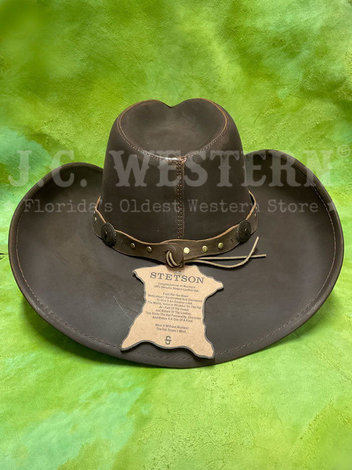 Stetson TRROXB-8434MC ROXBURY Shapeable Leather Western Hat Mocha side / front view. If you need any assistance with this item or the purchase of this item please call us at five six one seven four eight eight eight zero one Monday through Saturday 10:00a.m EST to 8:00 p.m EST
