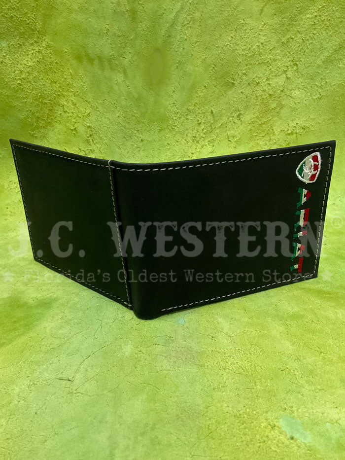 Ariat A3555301 Mens Bifold Mexico Flag Colors Wallet Black front view. If you need any assistance with this item or the purchase of this item please call us at five six one seven four eight eight eight zero one Monday through Saturday 10:00a.m EST to 8:00 p.m EST 