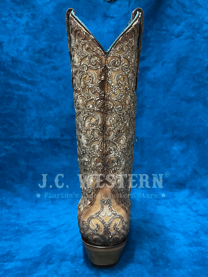 Corral C4051 Ladies Glitter Overlay And Embroidery Triad Boot Saddle front and side view. If you need any assistance with this item or the purchase of this item please call us at five six one seven four eight eight eight zero one Monday through Saturday 10:00a.m EST to 8:00 p.m EST
