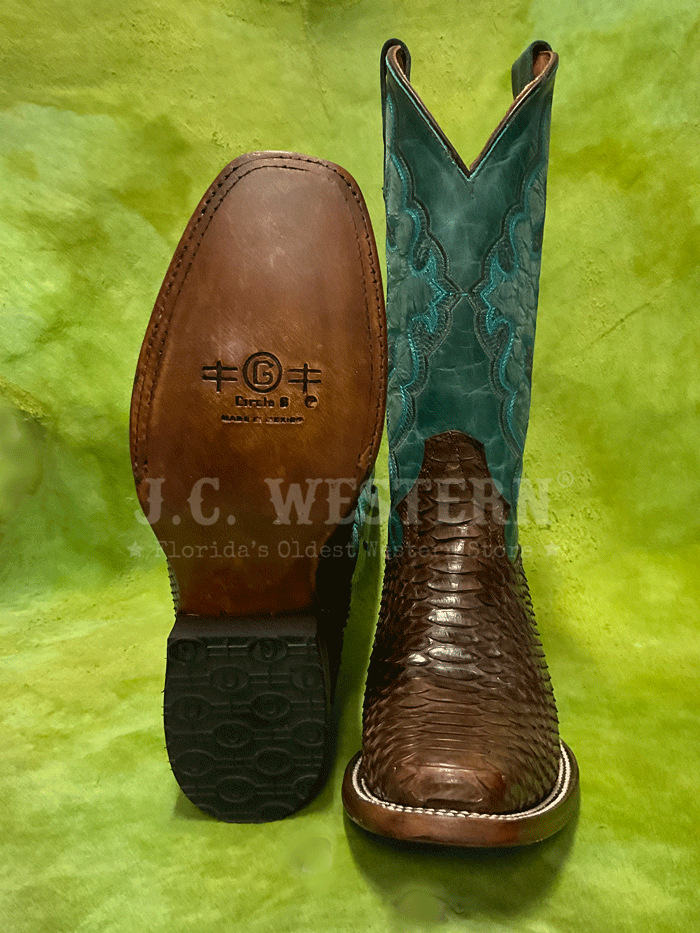 Circle G L6047 Ladies Python Embroidery Square Toe Boot Chocolate front and side view. If you need any assistance with this item or the purchase of this item please call us at five six one seven four eight eight eight zero one Monday through Saturday 10:00a.m EST to 8:00 p.m EST