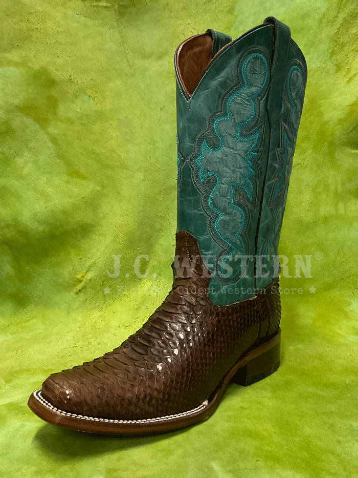 Circle G L6047 Ladies Python Embroidery Square Toe Boot Chocolate front and side view. If you need any assistance with this item or the purchase of this item please call us at five six one seven four eight eight eight zero one Monday through Saturday 10:00a.m EST to 8:00 p.m EST