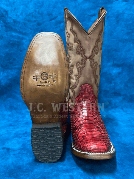 Circle G L6048 Ladies Python Embroidery Square Toe Boot Red sole and front view. If you need any assistance with this item or the purchase of this item please call us at five six one seven four eight eight eight zero one Monday through Saturday 10:00a.m EST to 8:00 p.m EST