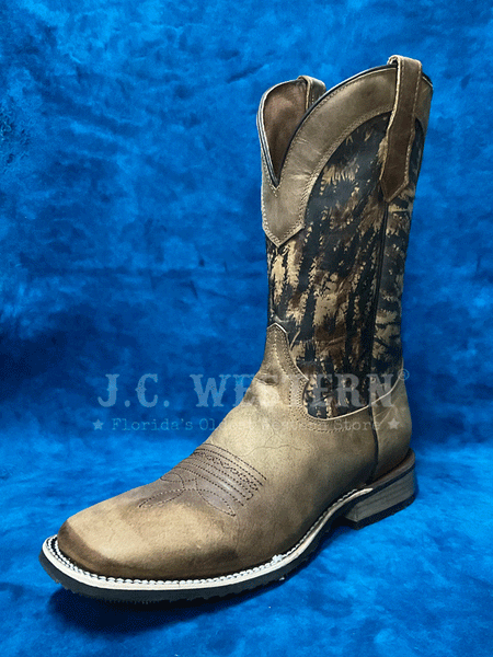 Circle G L6083 Mens Camo Printed Shaft Wide Square Toe Boot Tan front and side view. If you need any assistance with this item or the purchase of this item please call us at five six one seven four eight eight eight zero one Monday through Saturday 10:00a.m EST to 8:00 p.m EST