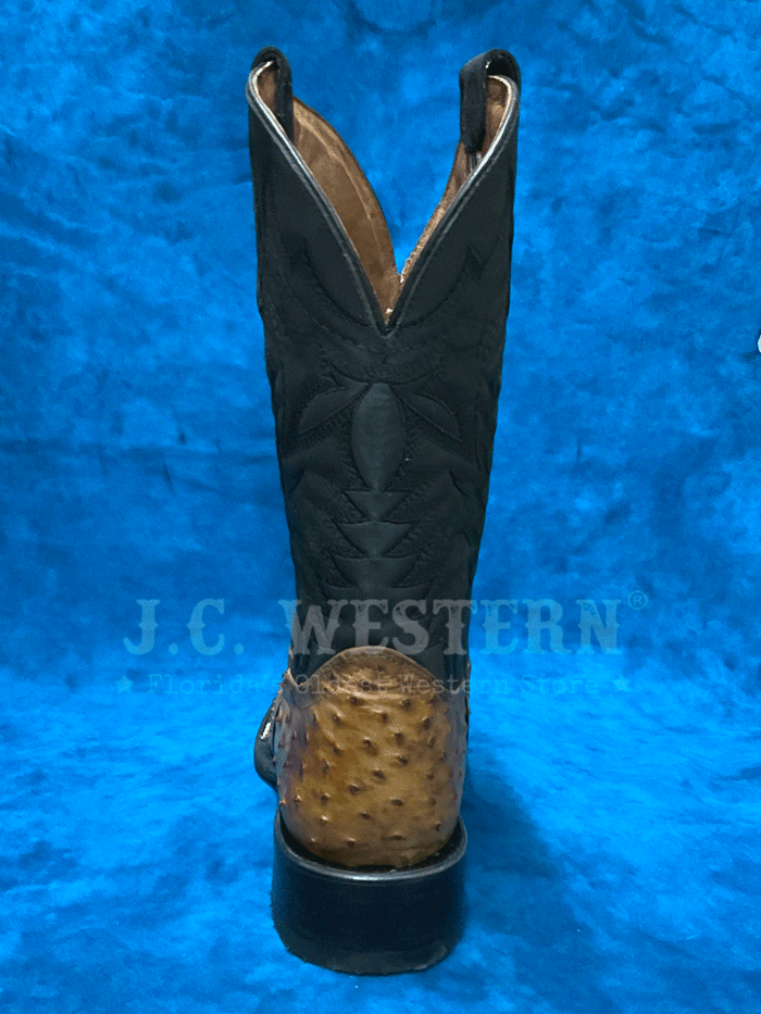Circle G L6051 Mens Ostrich Embroidery Square Toe Boot Black and Tan front and side view. If you need any assistance with this item or the purchase of this item please call us at five six one seven four eight eight eight zero one Monday through Saturday 10:00a.m EST to 8:00 p.m EST