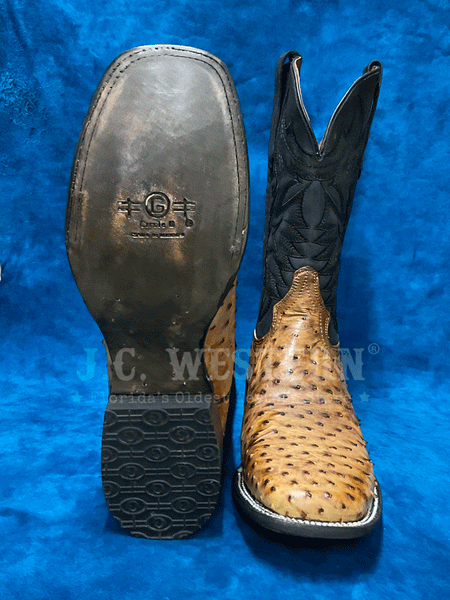 Circle G L6051 Mens Ostrich Embroidery Square Toe Boot Black And Tan front and sole view. If you need any assistance with this item or the purchase of this item please call us at five six one seven four eight eight eight zero one Monday through Saturday 10:00a.m EST to 8:00 p.m EST