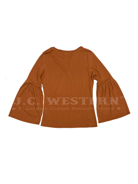 Panhandle LW52T02911 Ladies Embroidered Notched Neck Bell Sleeve Top Brass back view. If you need any assistance with this item or the purchase of this item please call us at five six one seven four eight eight eight zero one Monday through Saturday 10:00a.m EST to 8:00 p.m EST