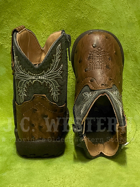 Roper 09-016-0191-3378 Infants Cowbabies Faux Ostrich Navy And Brown back view and toe view from above. If you need any assistance with this item or the purchase of this item please call us at five six one seven four eight eight eight zero one Monday through Saturday 10:00a.m EST to 8:00 p.m EST