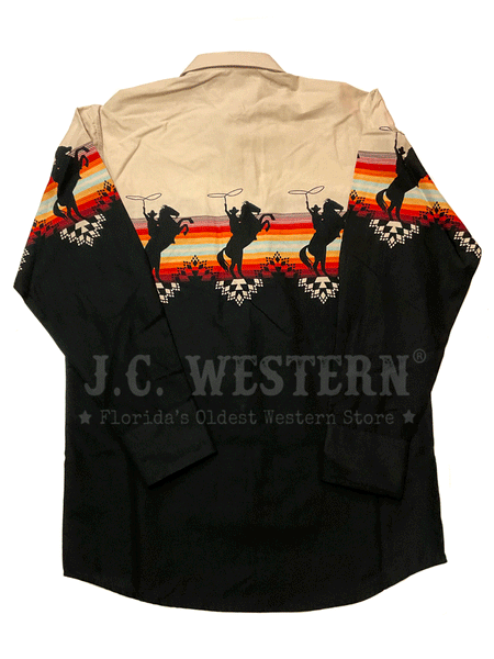 Panhandle SMN2S02644 Mens Bronco Border Snap Shirt Black back view. If you need any assistance with this item or the purchase of this item please call us at five six one seven four eight eight eight zero one Monday through Saturday 10:00a.m EST to 8:00 p.m EST