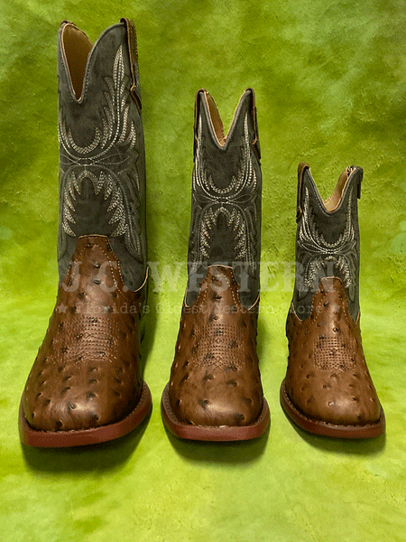 Roper 3378 Kids Faux Ostrich Western Boots Navy And Brown front view of toddler and kids. If you need any assistance with this item or the purchase of this item please call us at five six one seven four eight eight eight zero one Monday through Saturday 10:00a.m EST to 8:00 p.m EST