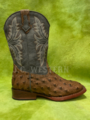 Roper 3378 Kids Faux Ostrich Western Boots Navy And Brown full outter side view. If you need any assistance with this item or the purchase of this item please call us at five six one seven four eight eight eight zero one Monday through Saturday 10:00a.m EST to 8:00 p.m EST