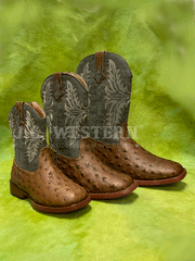 Roper 3378 Kids Faux Ostrich Western Boots Navy And Brown front and outter side view of toddler and kids sizes. If you need any assistance with this item or the purchase of this item please call us at five six one seven four eight eight eight zero one Monday through Saturday 10:00a.m EST to 8:00 p.m EST