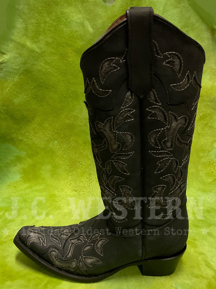 Circle G L6033 Ladies Inlay & Embroidery Boot Black And Grey front and inner side view. If you need any assistance with this item or the purchase of this item please call us at five six one seven four eight eight eight zero one Monday through Saturday 10:00a.m EST to 8:00 p.m EST