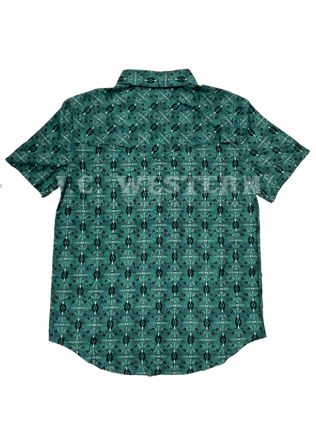 Rock & Roll Denim BMN3S02541 Mens Tek Western Short Sleeve Aztec Ripstop Snap Shirt Teal back view. If you need any assistance with this item or the purchase of this item please call us at five six one seven four eight eight eight zero one Monday through Saturday 10:00a.m EST to 8:00 p.m EST