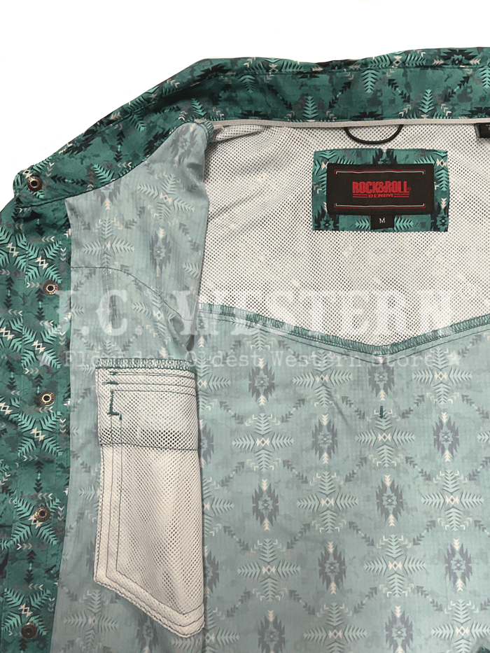 Rock & Roll Denim BMN3S02541 Mens Tek Western Short Sleeve Aztec Ripstop Snap Shirt Teal front view. If you need any assistance with this item or the purchase of this item please call us at five six one seven four eight eight eight zero one Monday through Saturday 10:00a.m EST to 8:00 p.m EST