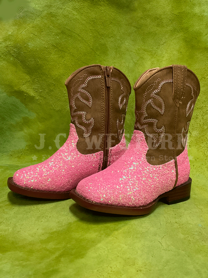 Roper 3377 Toddlers Glitter Sparkle Western Boots Pink outter side and inner side view with zipper. If you need any assistance with this item or the purchase of this item please call us at five six one seven four eight eight eight zero one Monday through Saturday 10:00a.m EST to 8:00 p.m EST